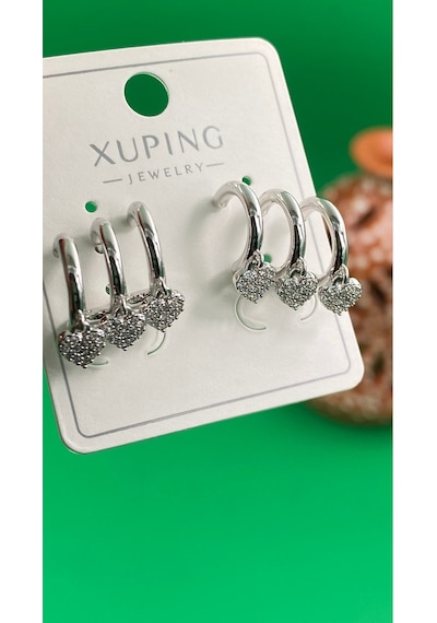 Xuping Gümüş Renk Kalpli 3 Lü Model Kadın Küpe Gümüş