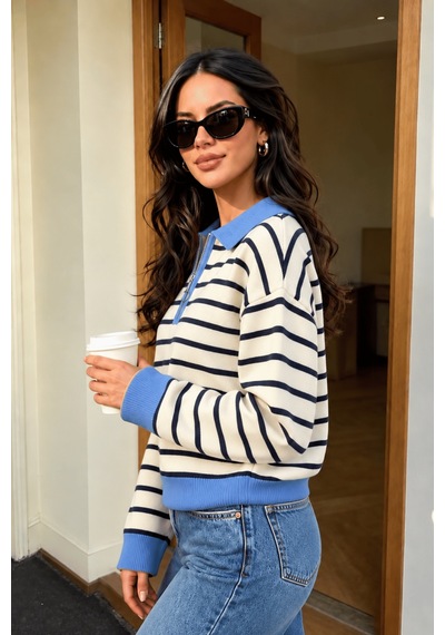 Genius Store Kadın Çizgili Yarım Fermuarlı Polo Yaka Oversize Triko Kazak Yarımfer-triko Mavi