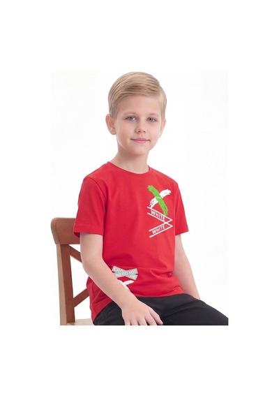 Panios Kids White Yazı Baskılı Yuvarlak Yaka Kısa Kollu Erkek Çocuk Yazlık Tişört Kırmızı