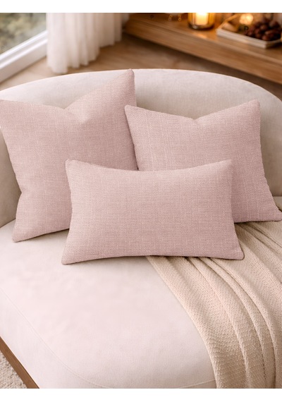 Br Perle Açık Pembe Keten Dokulu Dekoratif Kırlent Kılıfı Modern Salon Koltuk Yastığı