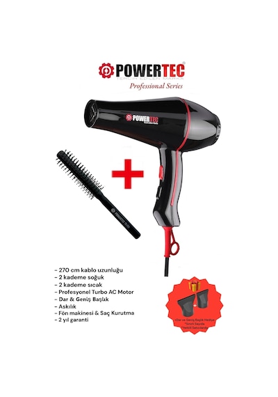Powertec TR-601 Profesyonel Fön Makinesi + Berber Fön Fırçası