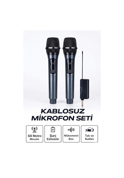 Profesyonel Çiftli Kablosuz Mikrofon Seti Karaoke Şarj Edilebilir 50 Metre