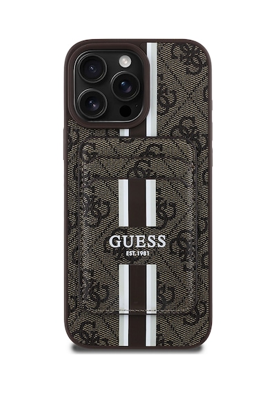 Apple Uyumlu iPhone 15 Pro Max Kılıf Guess Lisanslı Magsafe Özellikli 4g Desen Çizgili Kartlıklı Kapak Kahverengi