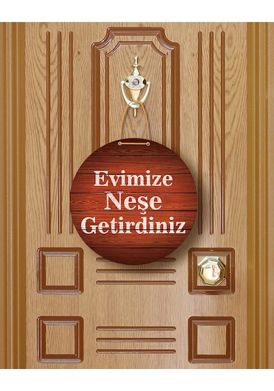 Evimize Neşe Getirdiniz" Yazılı Mdf Kapı Süsü 22.5 Cm Dekoratif Halat Askılı Giriş Dekoru Ekru