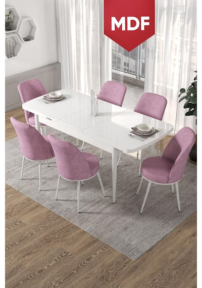 Canisa Concept Kor Serisi 70x114 MDF Açılabilir Mutfak Masası Takımı Beyaz Masa 6 Pembe Sandalye Masa Beyaz Sandalyeler Pembe