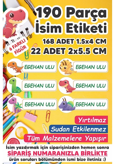 Okul Etiketi Kalem Defter Etiketi Dinazor Özel Isim Yazılabilen Etiket - 190 Adet