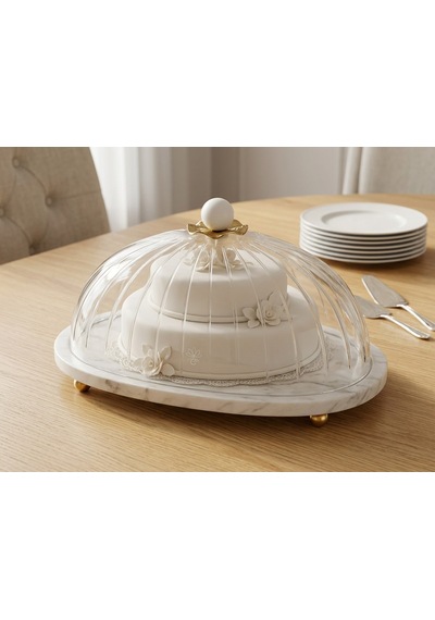 Oval 35cm Cam Kapaklı Mermer Beyaz