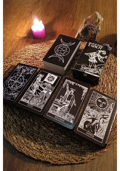 Siyah Beyaz Tarot Destesi 78 Kart - Arındırma Kesesi ve Demet Tütsü Hediyeli