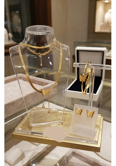 Kelebek New Gold Rengi Çelik Takı Seti Gümüş - Rose Gold