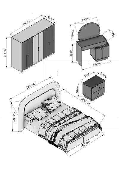 Seyran Yatak Odası Takımı 6 Kapılı Gardırop %100 Mdf Bazalı