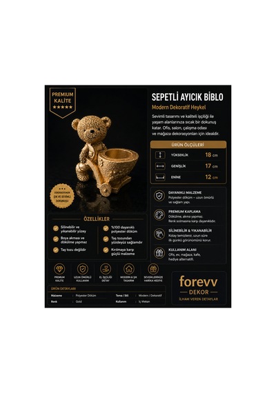 Dekor Sepetli Ayıcık Biblo Saksılık Gold Polyester Dekoratif Obje 18 Cm Altın