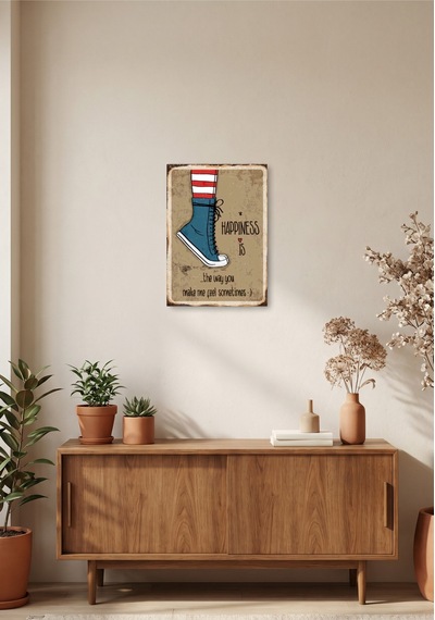 Happiness Retro Tablo Vintage Yazılı Dekoratif Poster Ahşap & Metal Seçenekli