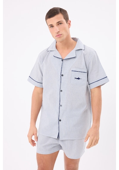 L'espadon Marısılk Seastrıpe Erkek Yazlık Şortlu Gömlekli Pijama & Lounge Takımı-3178 Mavi
