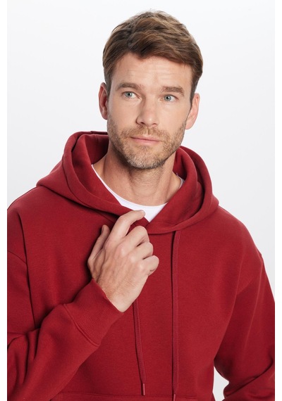 Tudors Unisex Oversize Geniş Kesim Pamuklu Yumuşak Dokulu İçi Polarlı Basic Bordo Kapüşonlu Sweatshirt-31468 Bordo