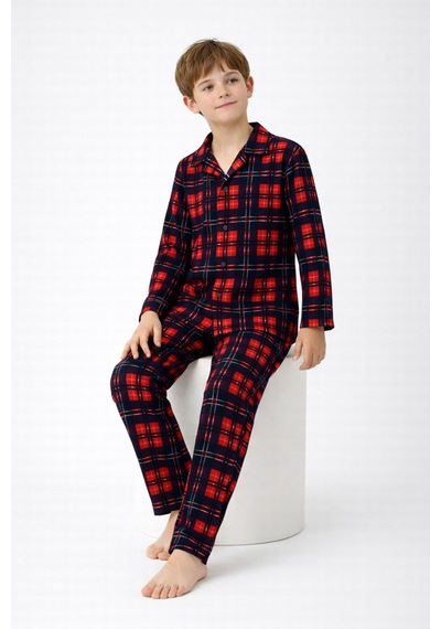 Free Beka Lacivert Ekose Desenli Uzun Kollu Gömlek Yaka Düğmeli Erkek Çocuk Pijama Takımı Kırmızı