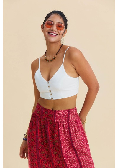 İnce Askılı Düğme Detaylı Crop Bluz Beyaz