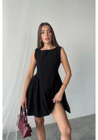 Defymoda Siyah Mini Boy Büzgülü Keten Elbise Siyah Defymoda Siyah Mini Boy Büzgülü Keten Elbise Siyah