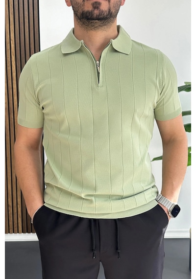 Erkek Slim Fit Fermuarlı Polo Yaka Tişört Açık Yeşil Edw452 Açık Yeşil