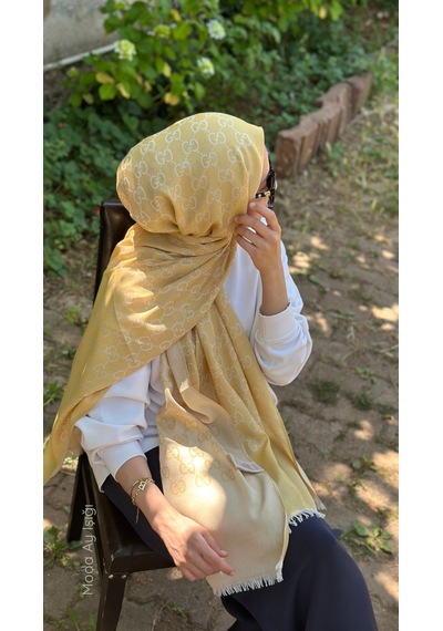 Miorel Scarfs İnce Kumaş G Desen Pamuklu Şal Yün İpek Şal 4 Mevsim Çift Taraflı Sarı