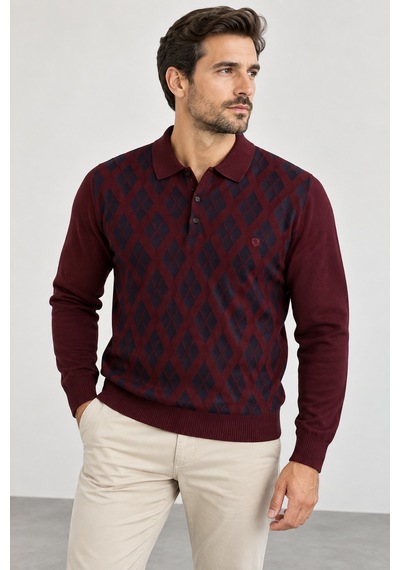 Sabri Özel Erkek Polo Yaka Baklava Desenli Triko Kazak - Klasik Kesim Uzun Kollu Sm23wt22038-3334-bordo Sabri Özel Erkek Polo Yaka Baklava Desenli Triko Kazak - Klasik Kesim Uzun Kollu Sm23wt22038-3334-bordo