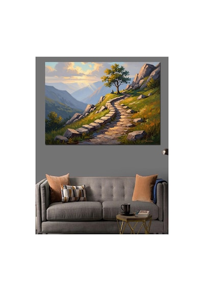 Dağ Yolunda Tek Başına Ağaç Yağlı Boya Dokulu Kanvas Tablo Canvas Tablosu