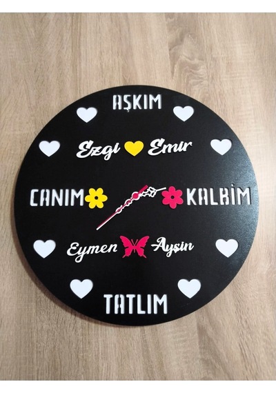 Sevgili-aşk-saadet-mutluluk Kişiye Özel İsim Yazılı Duvar Saati Siyah
