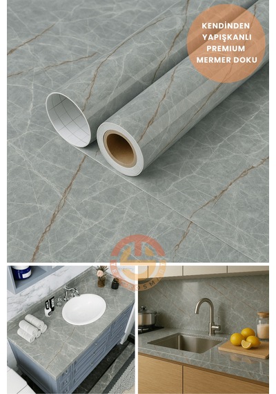 Technosmart 60x100cm Kendinden Yapışkanlı Mermer Desen Duvar Kağıdı Kaplama Mutfak Tezgeh Masa Folyo