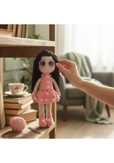 Tığ İşi Sevimli Kız Bebek Amigurumi Örgü Oyuncak Krem - Pembe