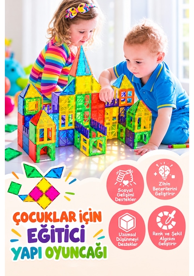 Teknozeel Manyetik Yapı Blokları 40 Parça Mıknatıslı 3 Boyutlu Eğitici Zeka Geliştirici Oyuncak Seti