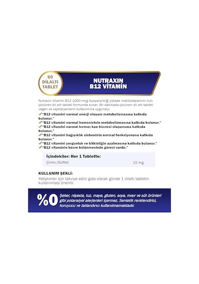 Nutraxin B12 Vitamin 1000 Mcg 60 Tablet Takviye Edici Gıda