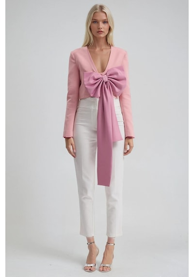 Büyük Fiyonk Detaylı Derin V Yaka Crop Blazer Ceket 6188 Pembe