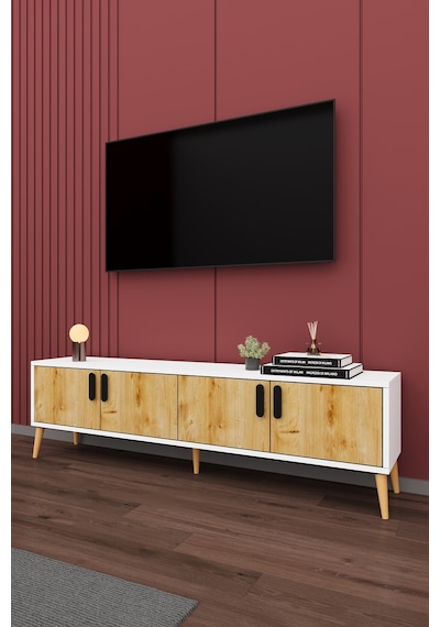 Asra Trend Tv Ünitesi T-02 %100 MDF 160 cm Tv Sehpası 4 Kapaklı Raflı Beyaz-Safir Meşe