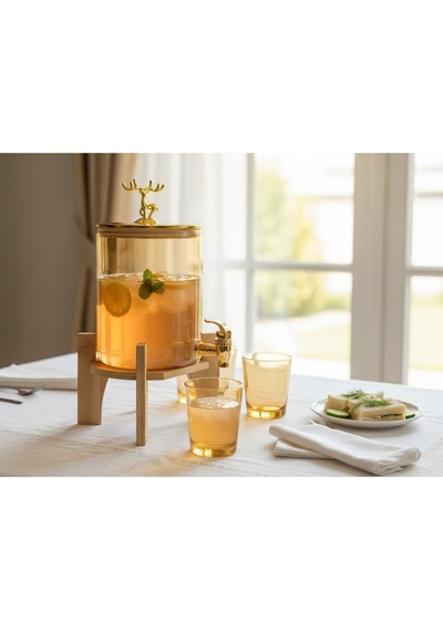Alfafe Home Gold Cam Şerbetlik Meşrubatlık Musluklu Ve Ahşap Standlı 3.6 Litre Gold
