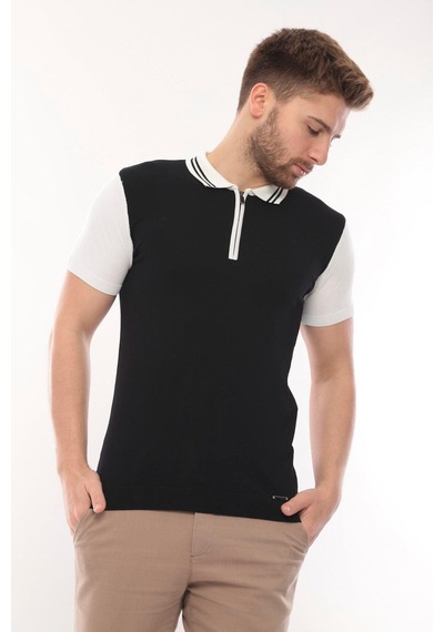 Fore Sport Tişört Kısa Kol Triko Polo Yaka Fermuarlı Siyah Beyaz