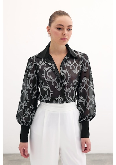 Sateen Geniş Manşetli Şifon Gömlek - Siyah-135894 Siyah