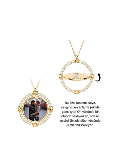 İndigo Takı Işıklı Kutuda İsimli Fotoğraflı Dönen Çerçeve Gümüş Kolye Gold