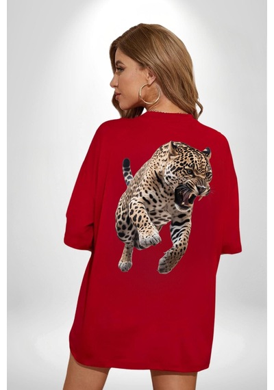 Jaguar Sırtından Çıkan Kırmızı Oversize Unisex Ön Ve Sırt Baskılı Tişört Kırmızı