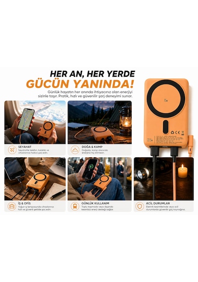10000mah Magsafe Wireless Powerbank 22.5w Pd Hızlı Şarj Usb-c Dahili Kablo Turuncu