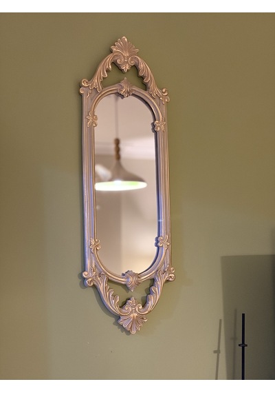 Kısa Oval Dekoratif Duvar Aynası Vizon & Eskitme Altın Varaklı 60x20 Cm Naturel