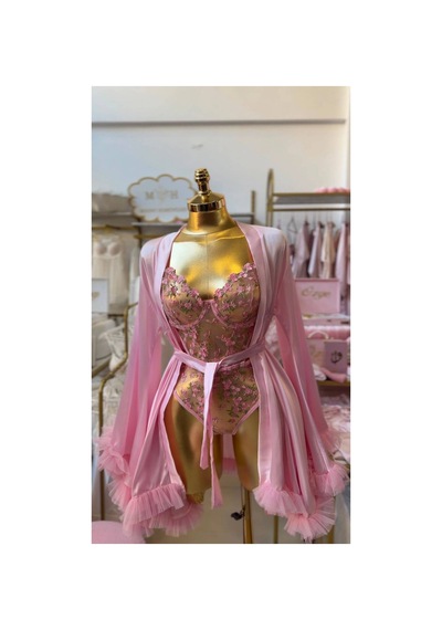 Mh Moony Homewears Pembe Saten Sabahlık Çiçekli Tulum Pembe