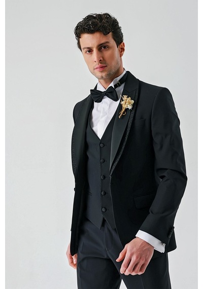 İmza Siyah Çıkarılabilir Şal Yaka Yelekli Likralı 6 Drop Slim Fit Smokin Damatlık 1001240203-Siyah