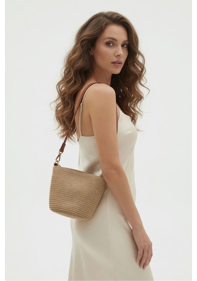Mollycrush Yazlık Mini Hasır Camel Omuz Çantası Deri Askılı Plaj Ve Günlük Kullanıma Uygun Model Camel2