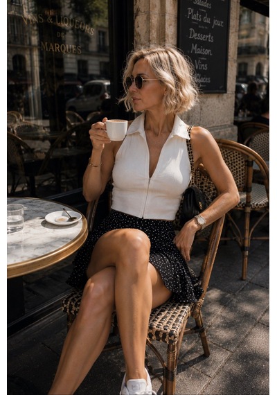 Puantiye Mini Etek / Şort Astarlı Siyah Beyaz Drape Bel Detay Puantiye Mini Etek / Şort Astarlı Siyah Beyaz Drape Bel Detay