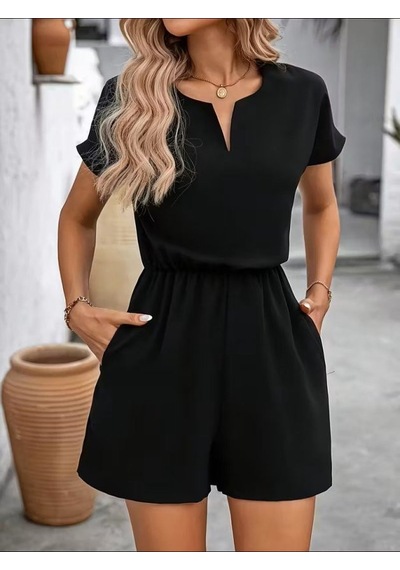 Efnaz Style Kadın Kısa Kollu V Yakalı Beli Lastikli Kısa Ithal Krep Tulum Siyah