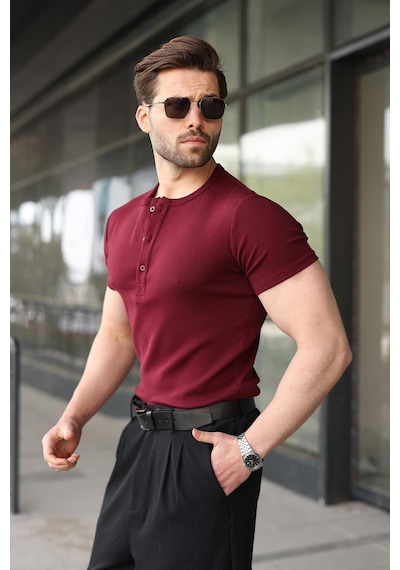 Madmext Bordo Yarım Düğmeli Slim Fit Erkek Tişört E7186