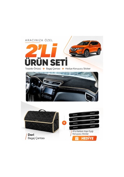 Nissan X-trail 2013-2020 Uyumlu Torpido Örtüsü + Deri Bagaj Çantası + Sticker Seti - Siyah Bej