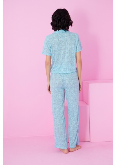 Siyah İnci Pointel Ajurlu/delikli Gömlek Yaka Örme Düğmeli Pijama Takım mavi