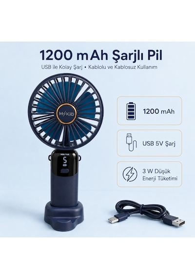 Şarjlı El Vantilatörü 5 Kademeli, Katlanabilir Dijital Ekranlı Mini El Fanı, 1200 Mah, 5 Pervaneli Güçlü Hava Akışı, Standlı Masaüstü Fan, Usb Şarjlı - Lacivert