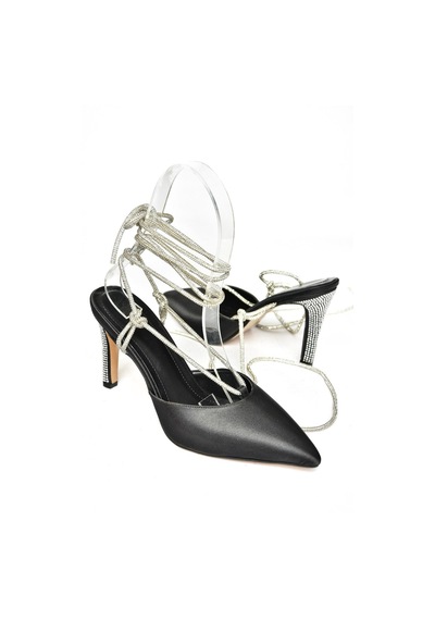 Fox Shoes S404911004 Siyah Saten Kumaş Bilekten Bağlamalı Kadın Abiye Ayakkabı Siyah
