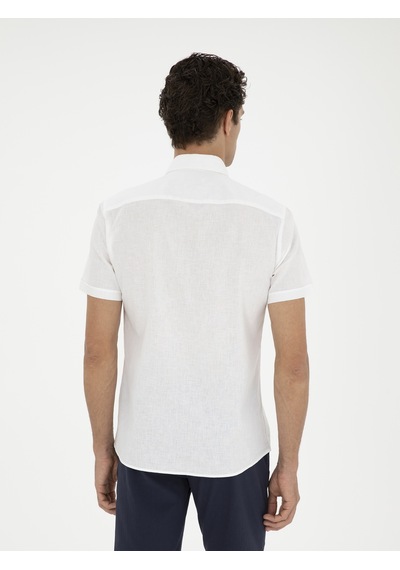 Cacharel Beyaz Slim Fit Keten Karışımlı Kısakol Gömlek